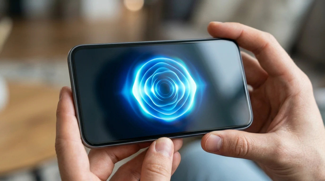 Close-up of a handheld AI assistant device with a glowing interface.