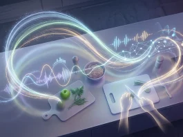 Conceptual illustration of digital information waves in a kitchen environment.