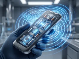 Conceptual visualization of haptic vibration waves inside a mobile device.