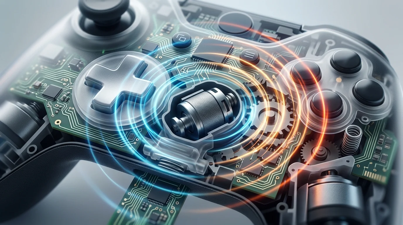 Conceptual visualization of haptic feedback technology in a game controller.