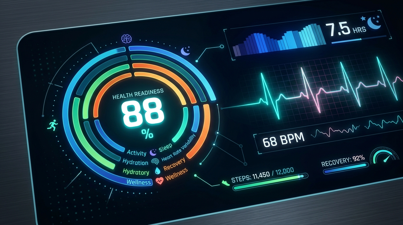 Conceptual digital health metrics and recovery score interface.