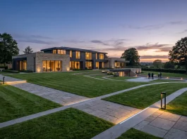 A conceptual view of a luxury modern property and garden representing a high-end residential estate.