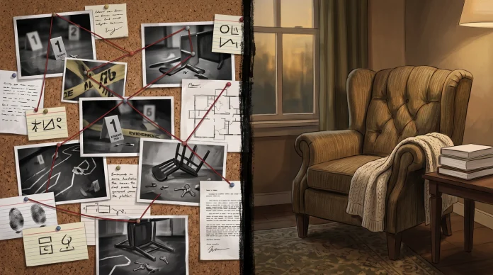A split conceptual image showing a crime investigation board next to an empty living room chair.