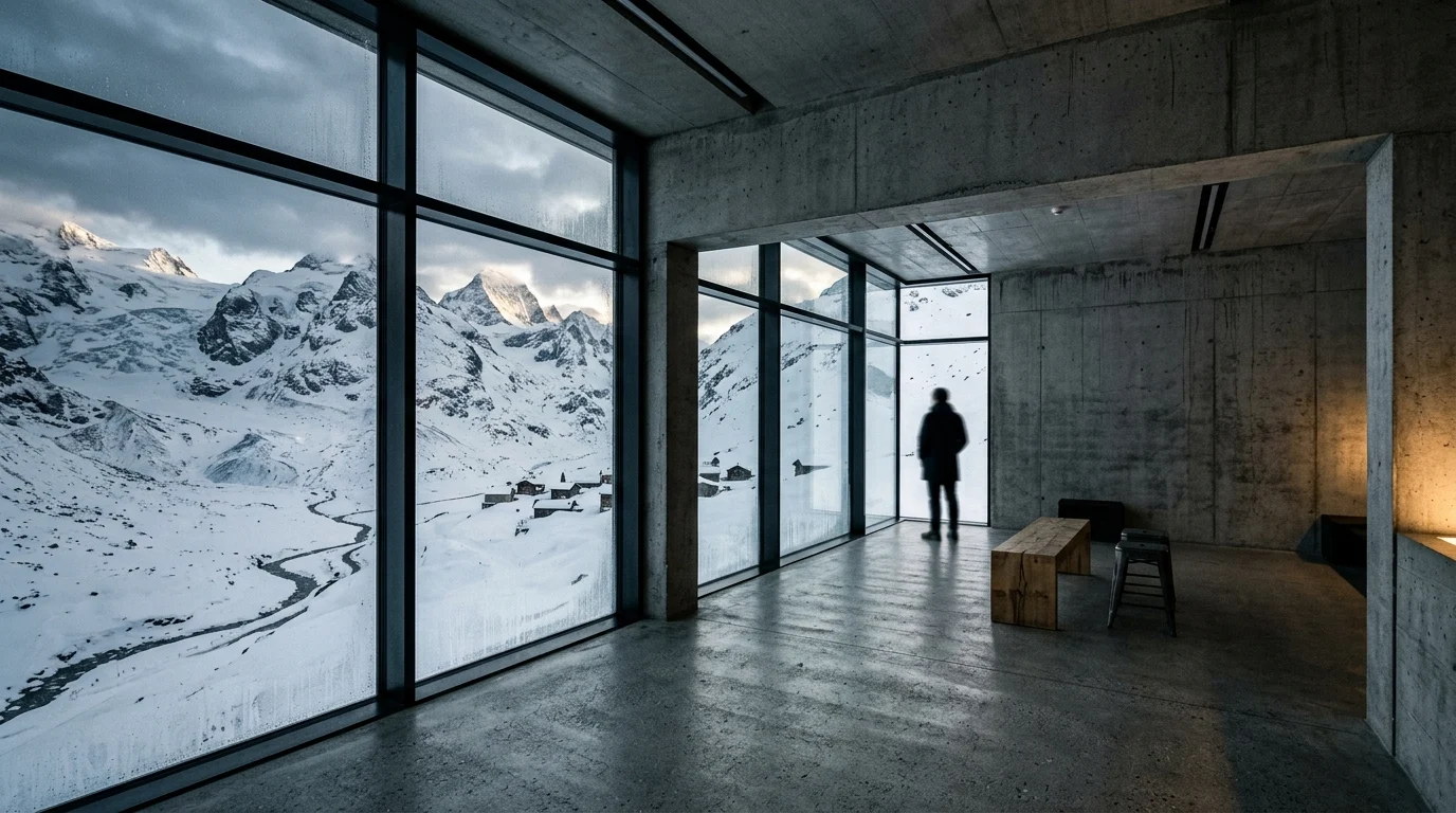 A minimalist architectural interior looking out onto a snowy mountain landscape.