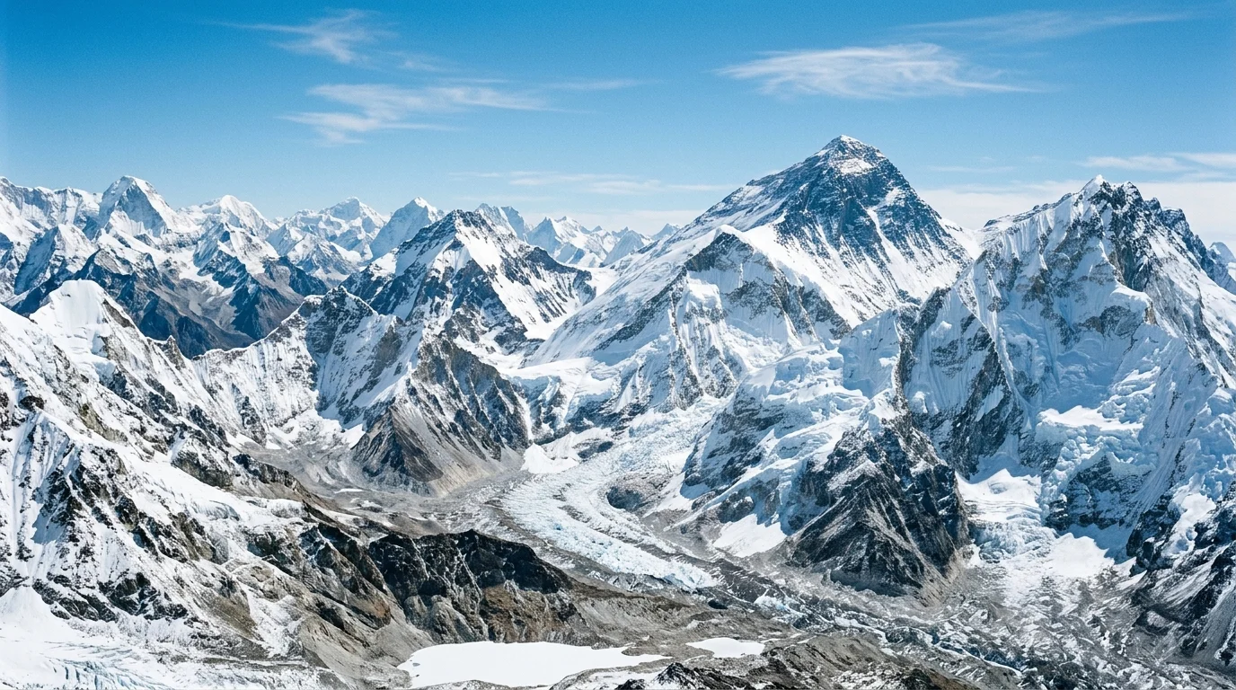 A snowy Himalayan mountain range under a blue sky.