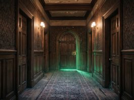 A dark, moody hallway in an old Irish hotel with green light under a door.