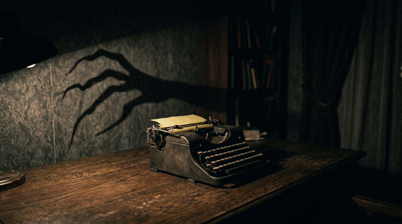 A typewriter on a desk with spooky shadows on the wall.