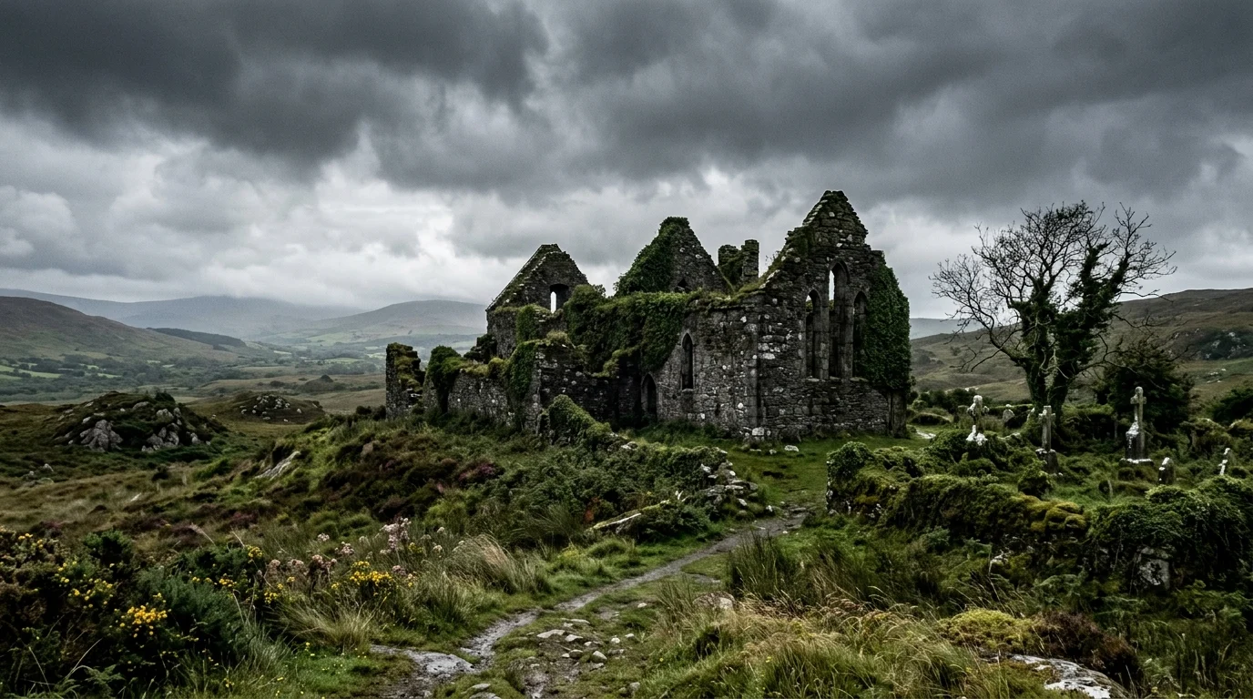 Moss-covered stone ruins in the Irish countryside under an overcast sky.