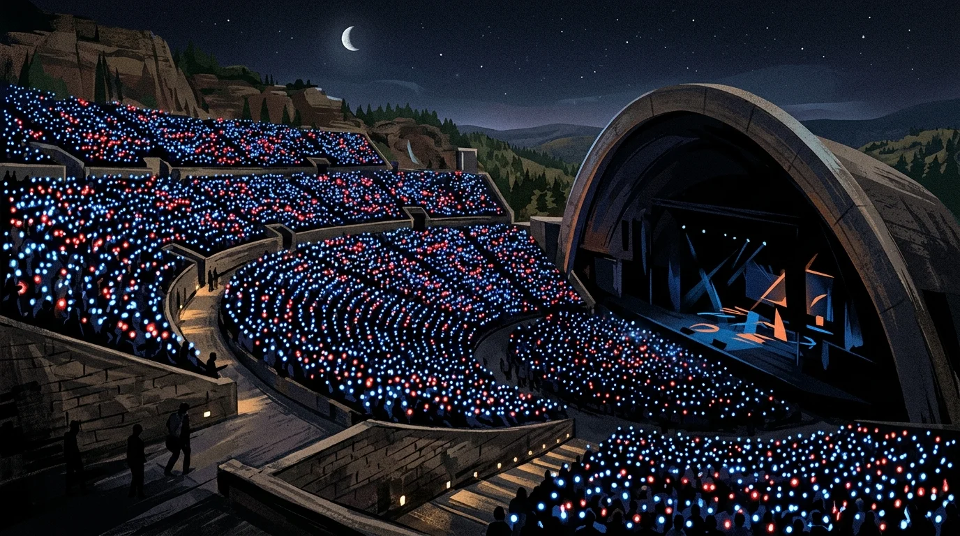 94-Year-Old John Williams Returns to Hollywood Bowl for Surprise Star Wars Performance 1 A crowd at an outdoor amphitheater holding glowing blue and red lights at night.