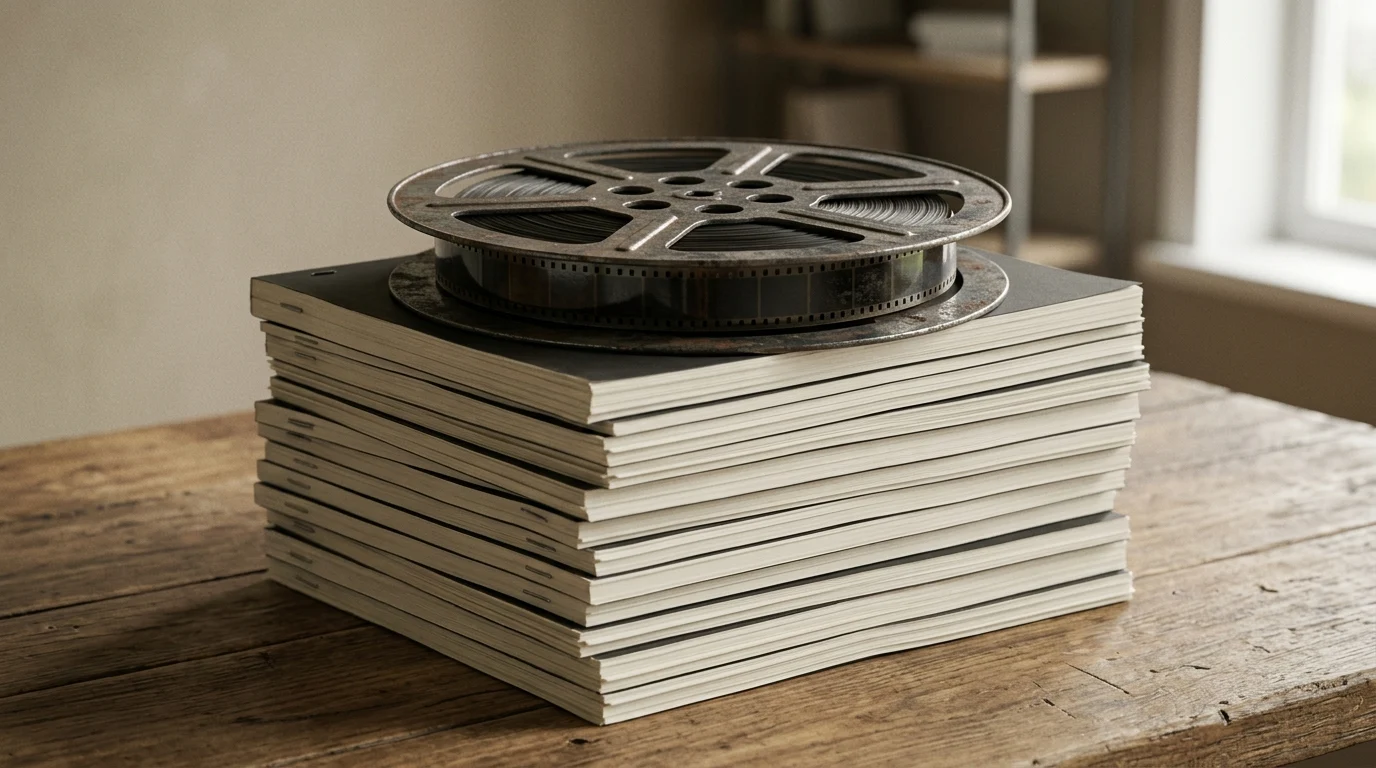 A stack of scripts and a film reel representing the film industry.