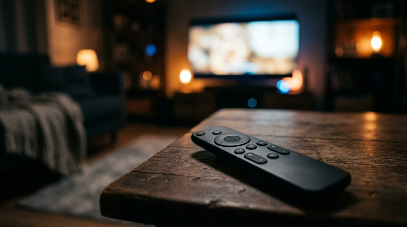 A blurred living room setting with a TV remote in focus.