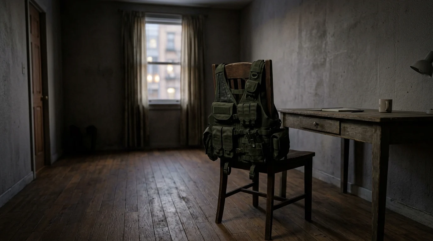 A tactical police vest in a dark, empty room.