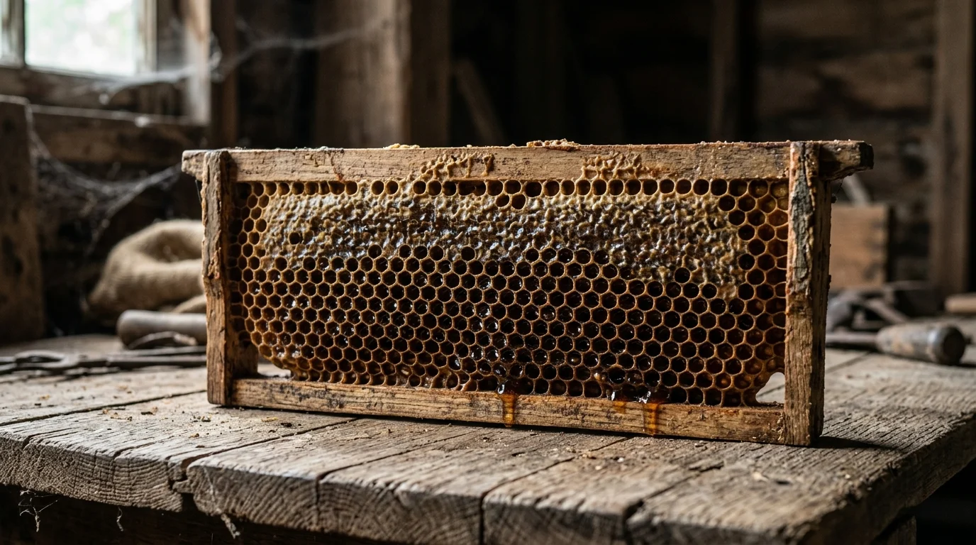 A close-up of a honeycomb frame representing the film's honey-war conflict.