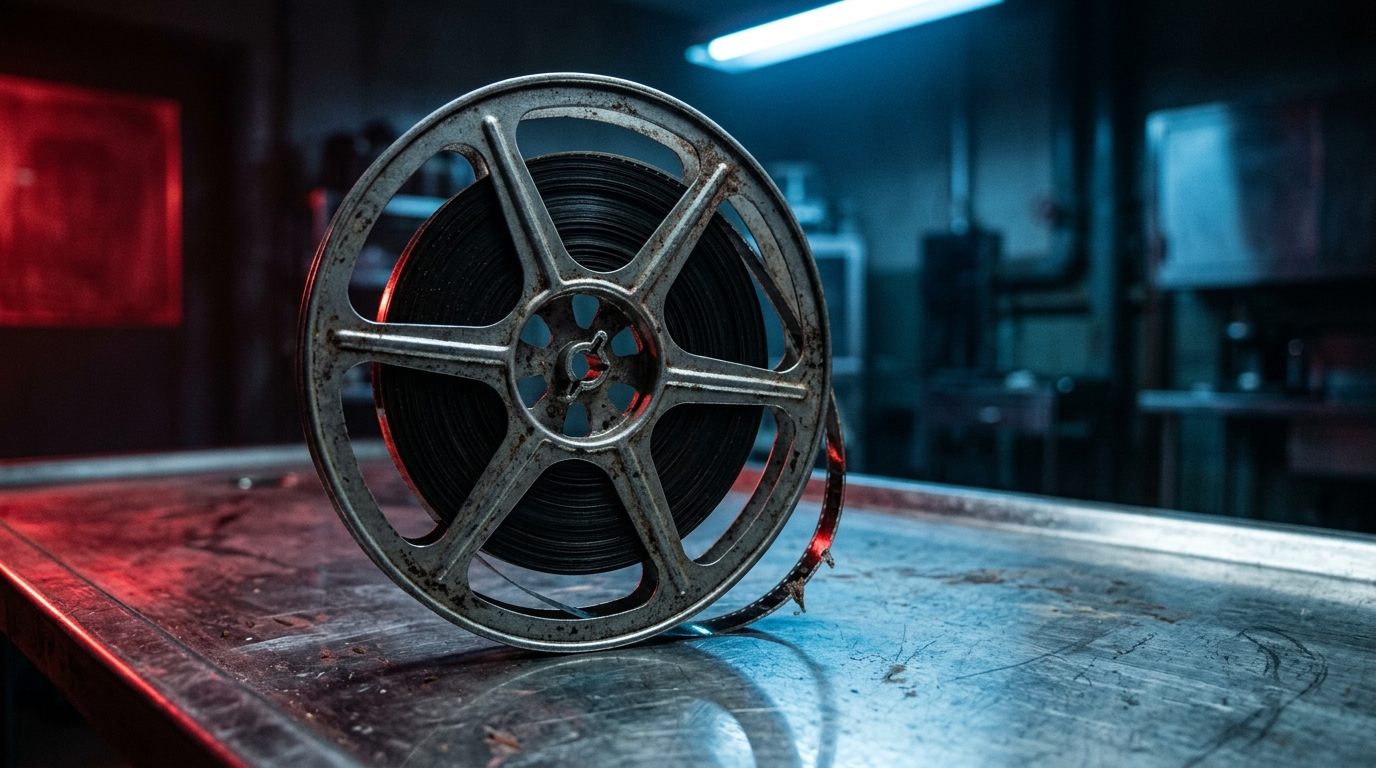 A vintage film reel on a forensic table, symbolizing the intersection of 80s horror and the Dexter franchise.