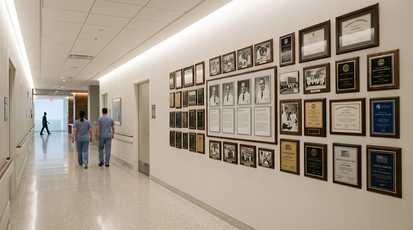 A clean hospital corridor with historical plaques on the wall.