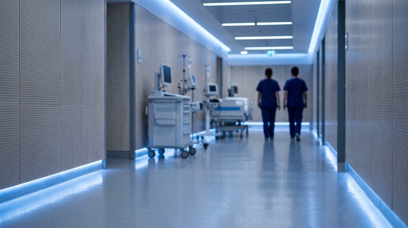 A modern, brightly lit hospital hallway.