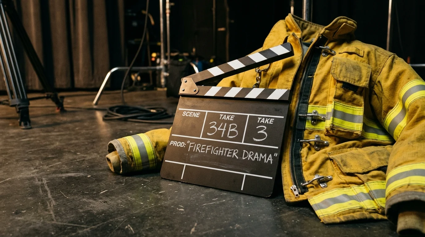 A film clapperboard and firefighting gear on a studio floor.