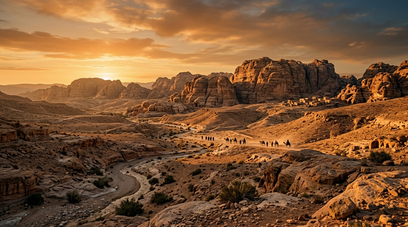An ancient desert landscape at sunset.