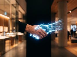 Conceptual art of a digital hand meeting a human hand representing the intersection of AI and retail trust.