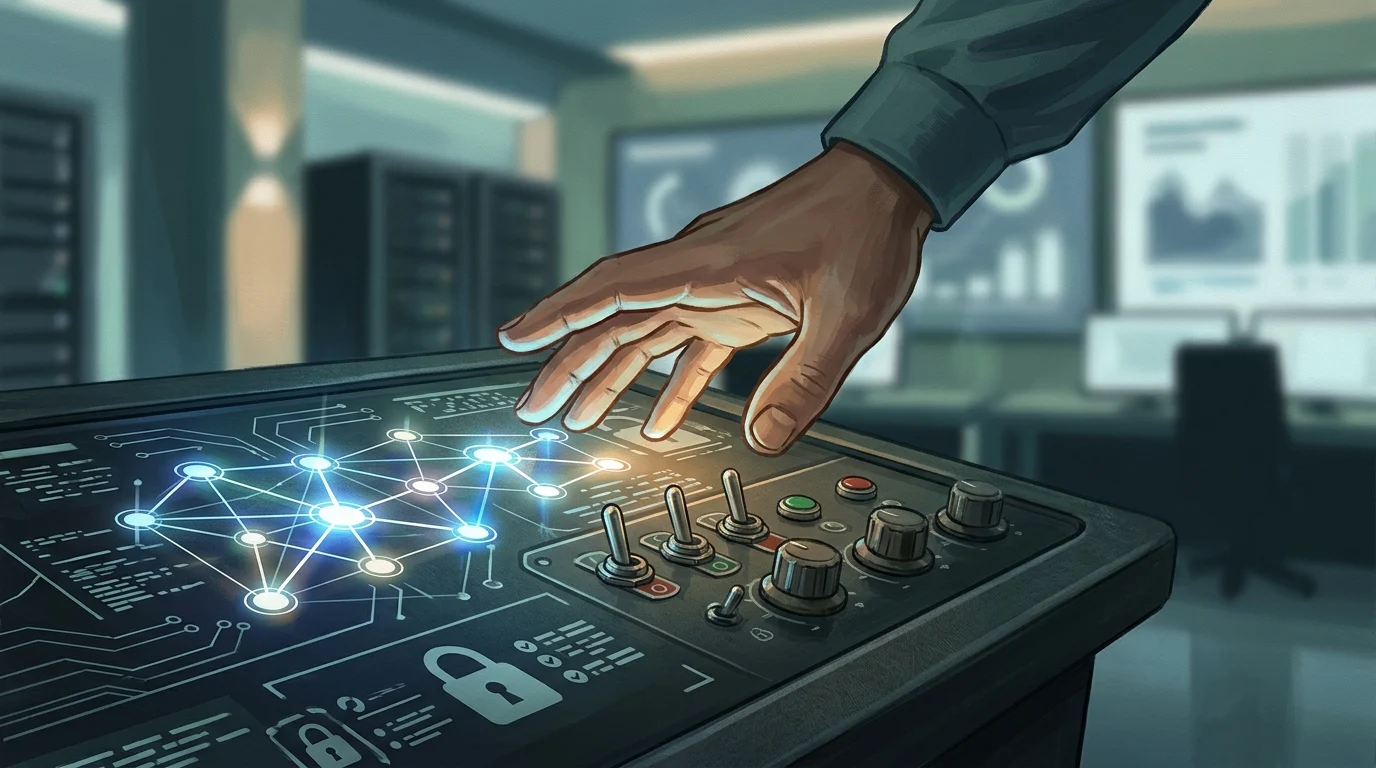 Conceptual art of a hybrid AI and manual review security system.