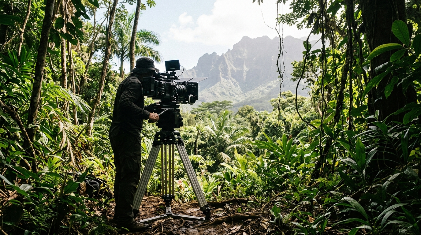 A film camera on a tripod in a tropical environment.
