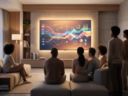 A conceptual illustration of a group of people watching a large digital screen in a modern living room.