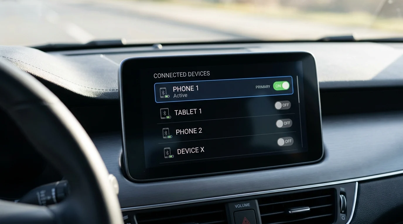 A car infotainment screen showing a list of paired mobile devices.
