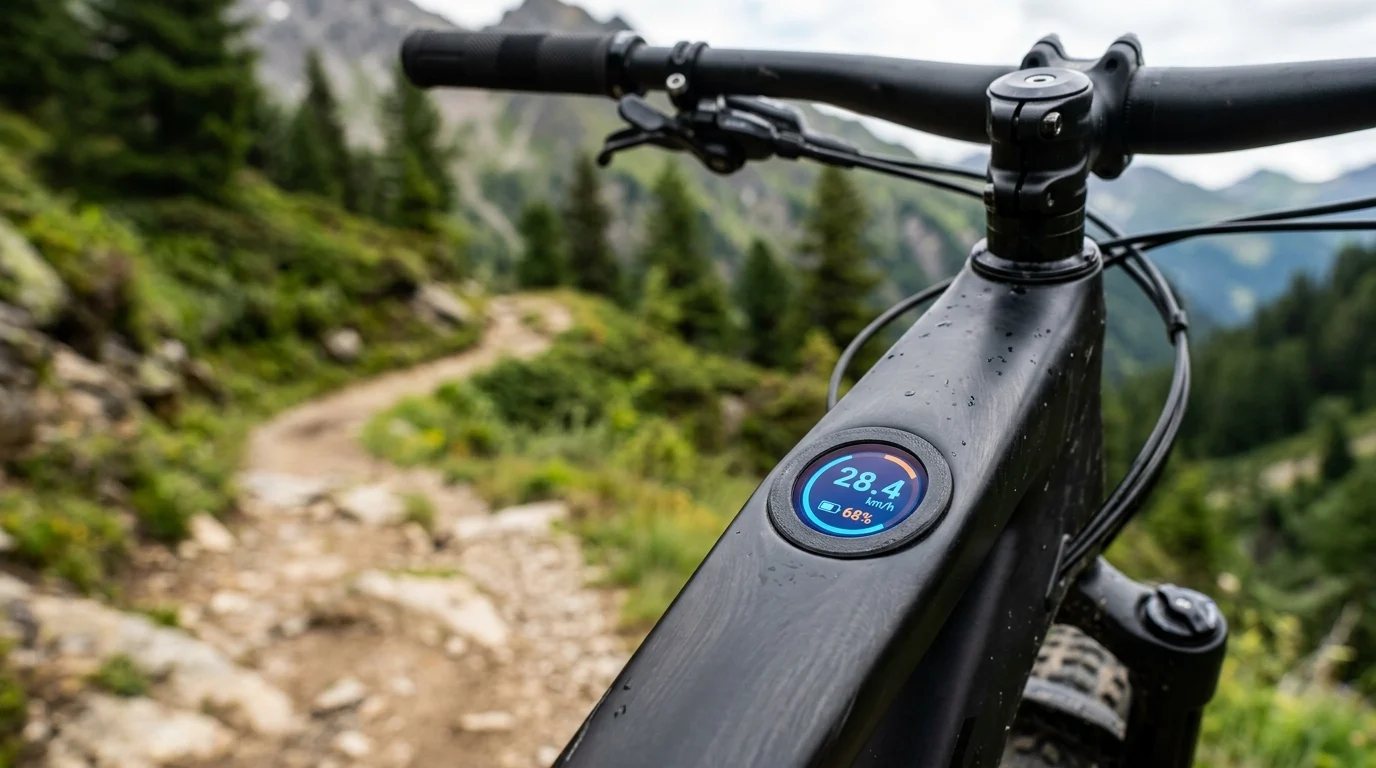 An integrated digital display on a bicycle frame showing performance data.