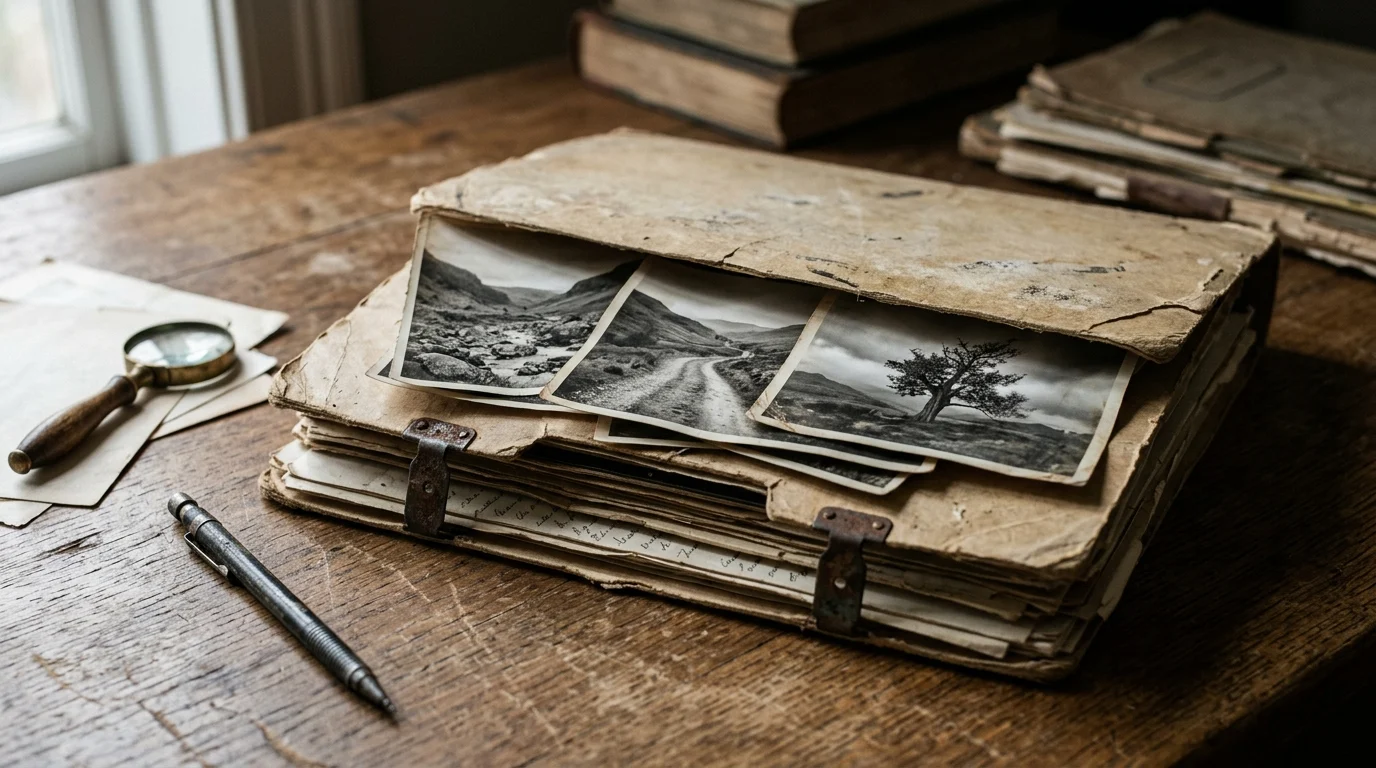 An old file folder and photographs symbolizing historical research and memory.