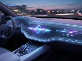Conceptual rendering of a high-tech vehicle dashboard with AI-driven interface elements.