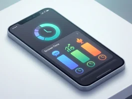 A conceptual digital interface displaying time management statistics and app category usage charts.