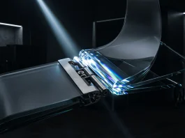 Conceptual rendering of a folding smartphone hinge and flexible glass surface.