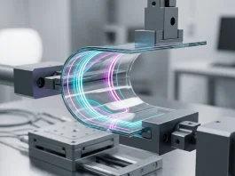 A conceptual visualization of foldable screen technology with light passing through flexible glass layers.