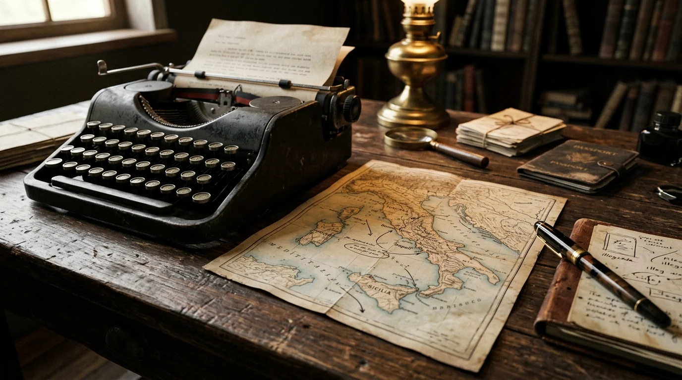 A vintage typewriter and Italian map symbolizing the mystery elements of the series.