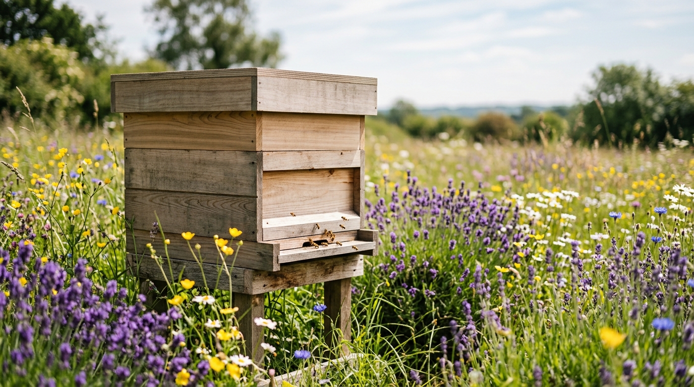 A wooden beehive in a meadow of wildflowers.