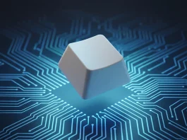A conceptual 3D render of a blank keyboard key floating over digital circuits.