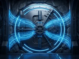 Conceptual 3D illustration of a digital vault door with binary code.