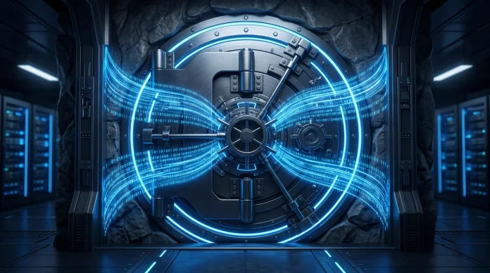 Conceptual 3D illustration of a digital vault door with binary code.