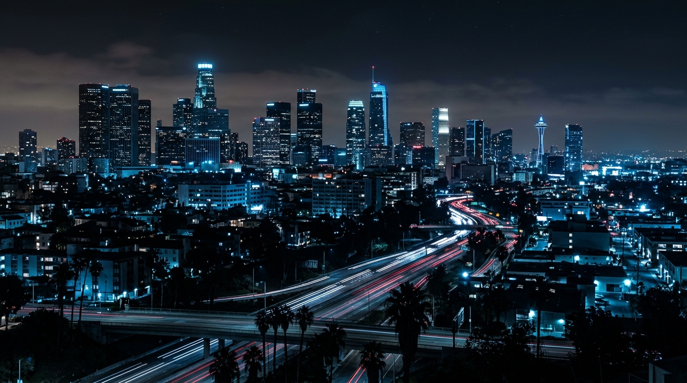 The Los Angeles skyline at night with blue-toned lighting.