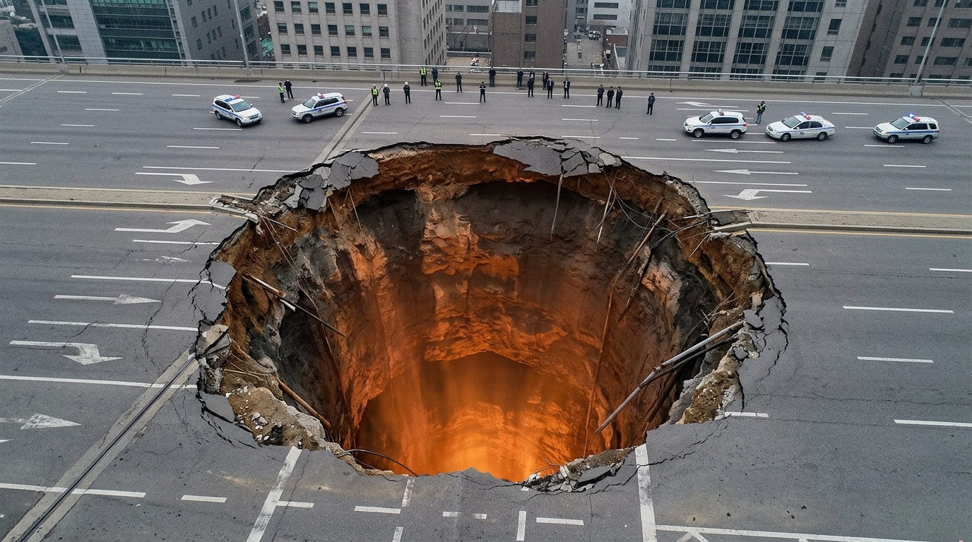 An overhead view of a massive sinkhole in a city road with a glowing orange light inside.