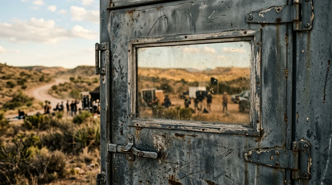 A production trailer door on a film set in Texas.