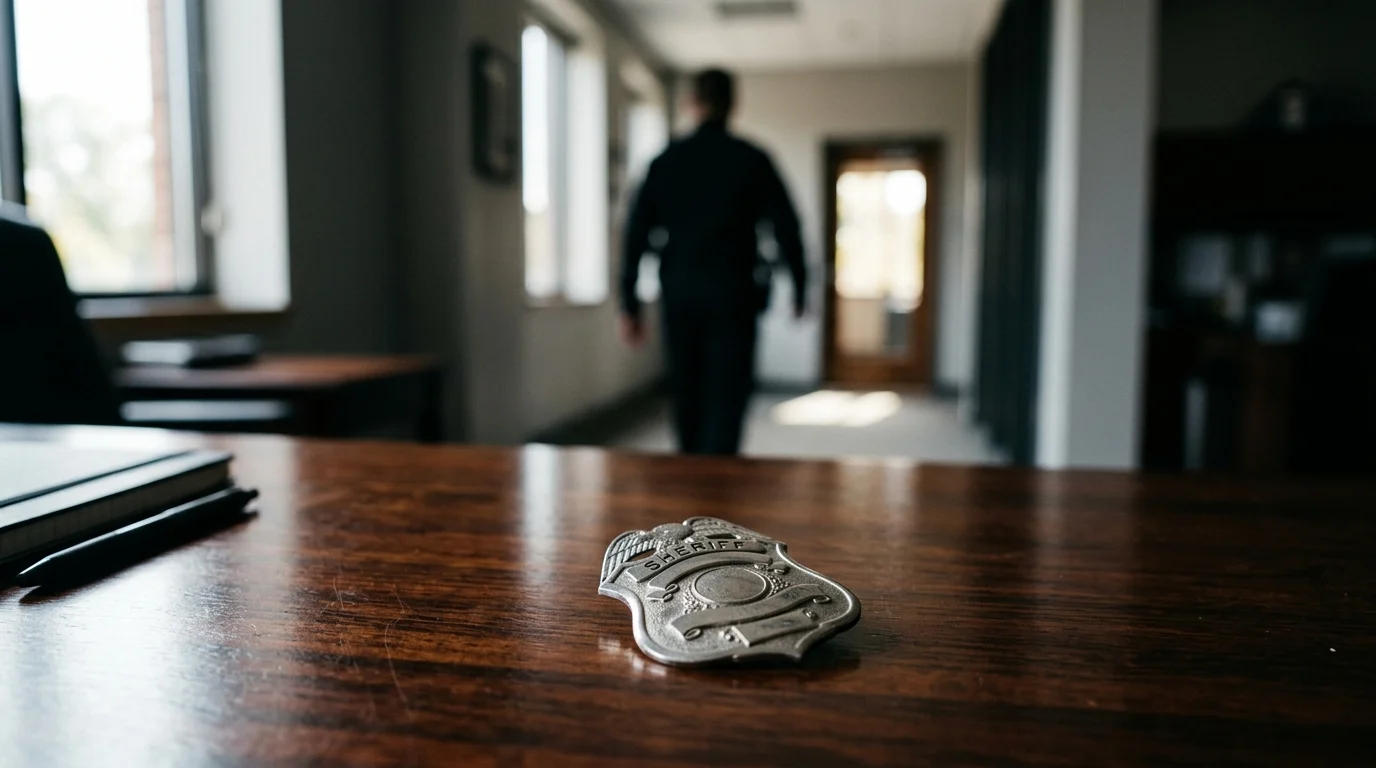 A conceptual image of a police badge on a desk.