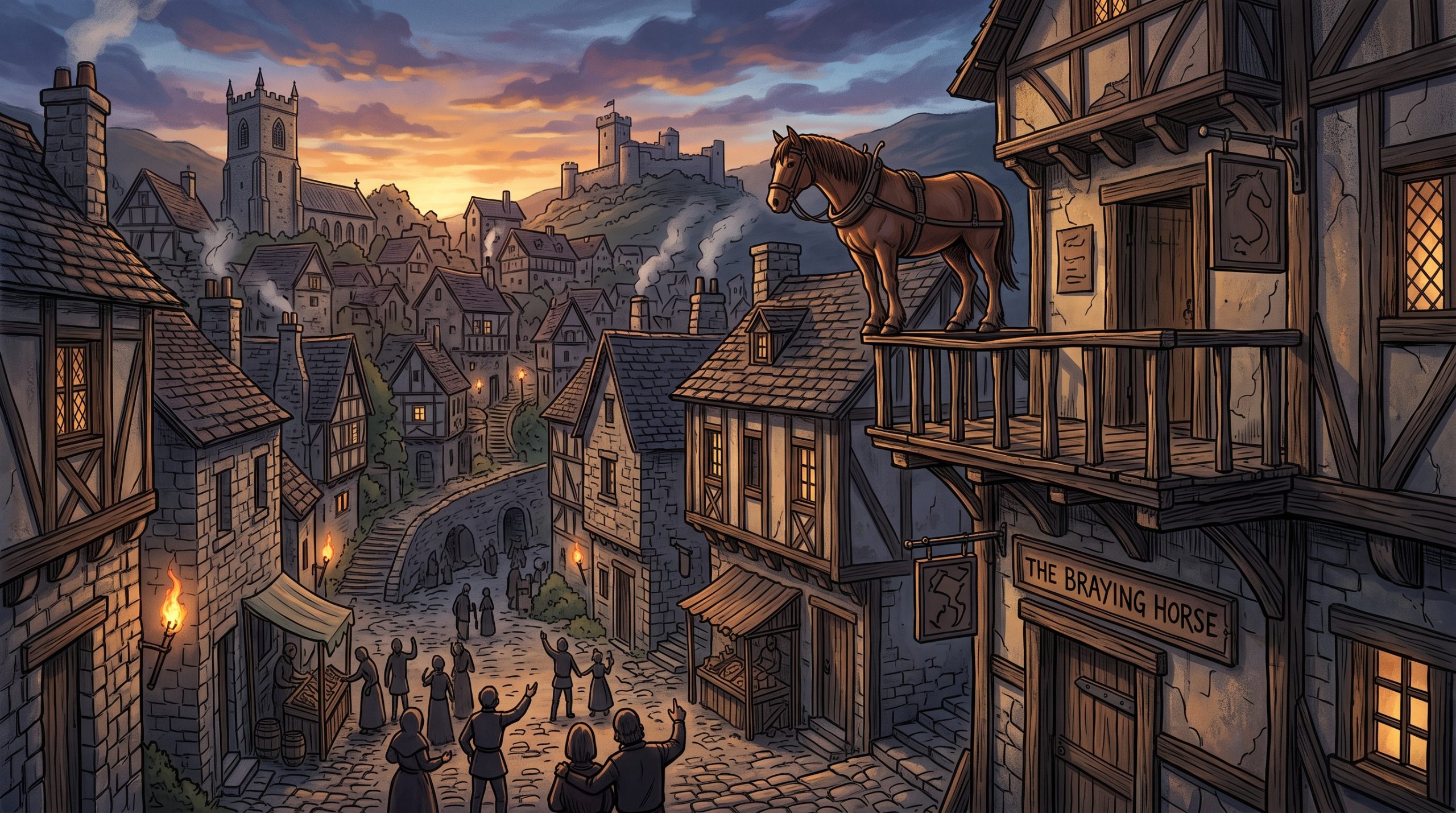 legacy-roach-conceptual-art A horse standing in an unusual position on a medieval building balcony.