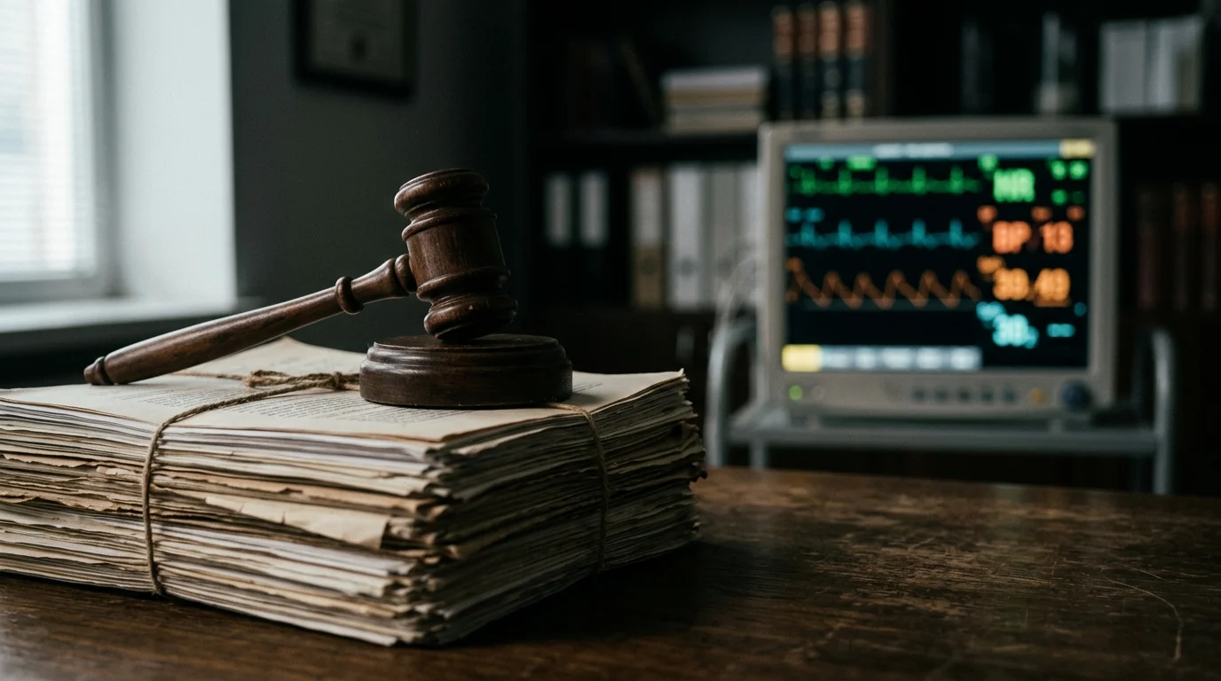 A conceptual image of legal documents next to a medical monitor.