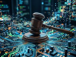 A gavel on a digital circuit board representing legal consequences for AI crimes.