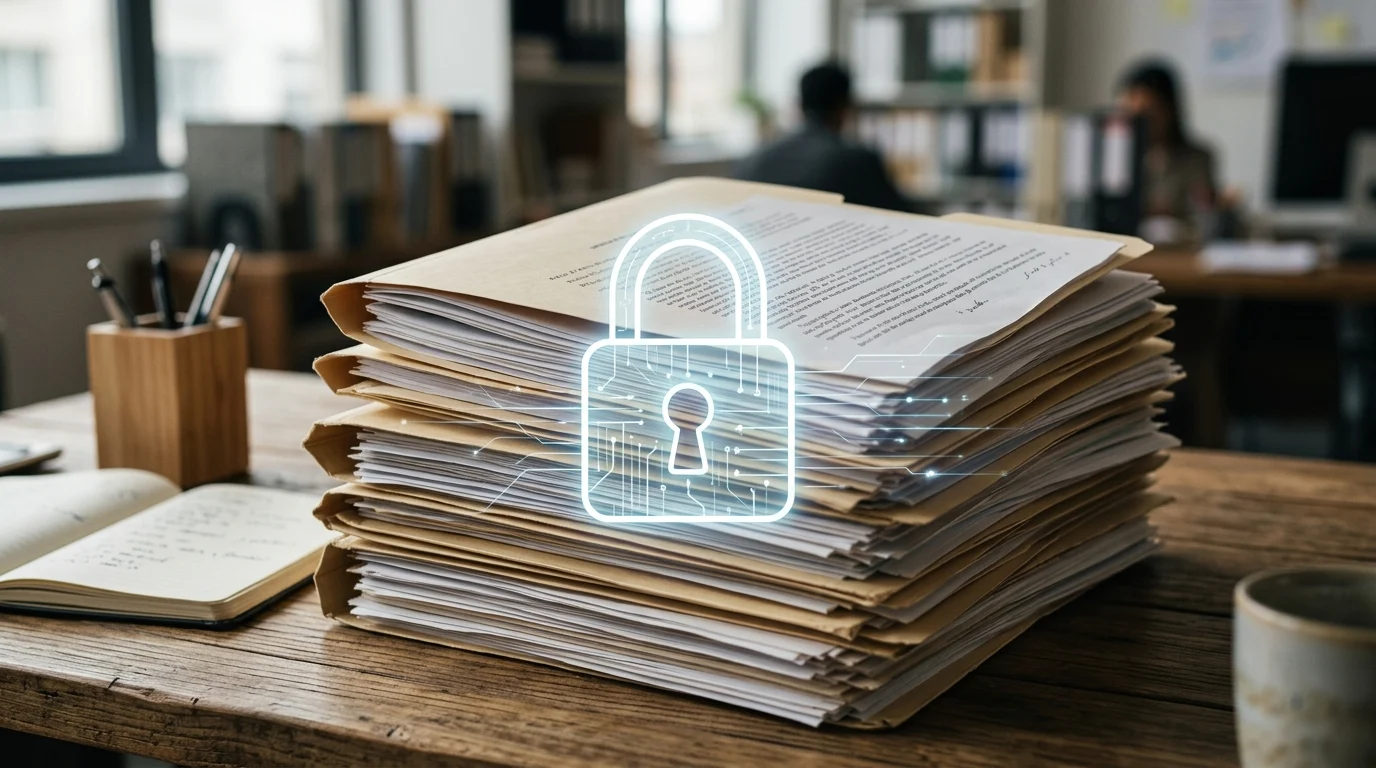 Legal folders with a padlock graphic representing document shielding.
