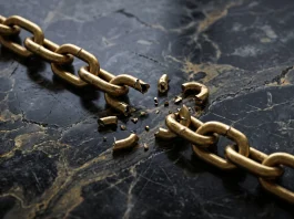 A conceptual 3D render of a broken golden chain on marble representing a legal dispute.