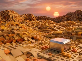 Conceptual plastic building blocks in a desert landscape.