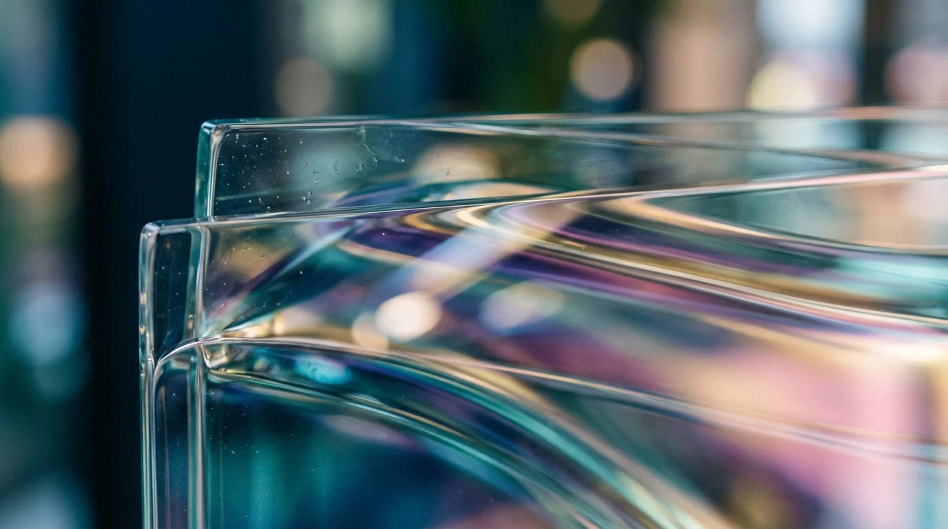 Abstract translucent glass layers with light refraction representing a digital interface design.