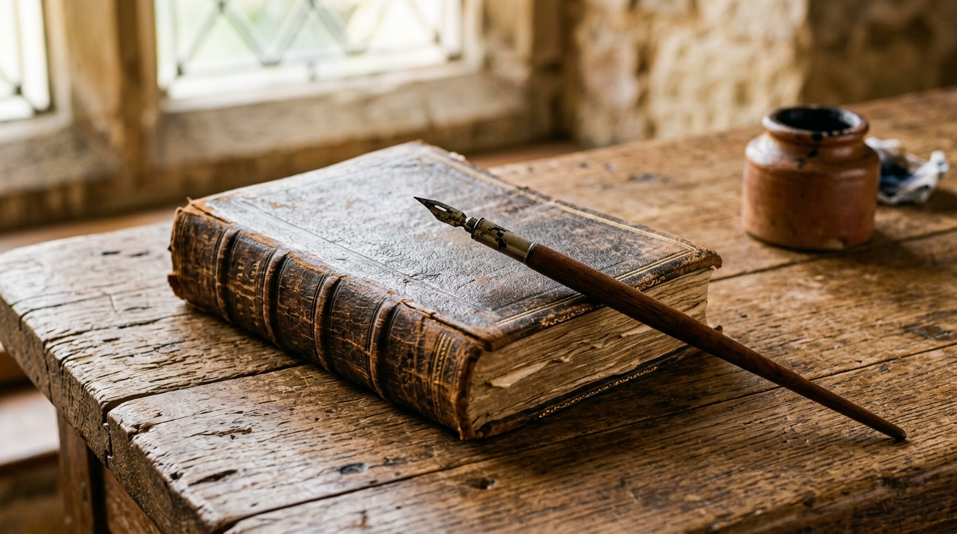 A leather-bound book on a wooden surface representing the original novel.